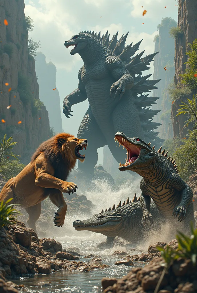 A lion, a tiger, and a crocodile are fighting each other when Godzilla arrives and kills them both.