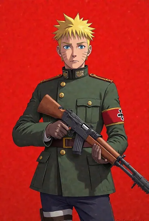 Naruto in German military uniform from the year 1944 with a rifle in his hands,  red background , Naruto Uzumaki,  bolt action rifle ,  look would be, 