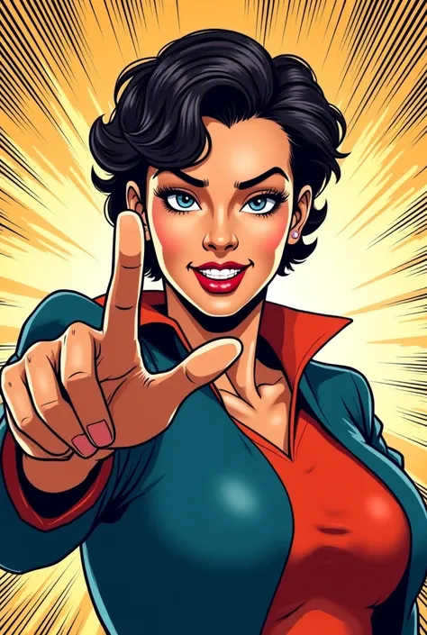 Tall woman with short wavy hair, pointing at the screen with your index finger, Comic type image