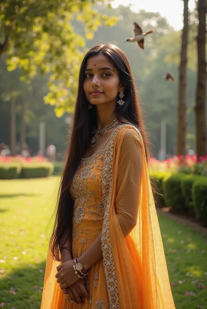 ### **Concept:**  
A naturally beautiful Indian woman with a warm wheatish complexion stands gracefully in a lush green park. She wears a stunning traditional Anarkali dress that flows elegantly around her. Her long, thick, straight hair cascades down her ...