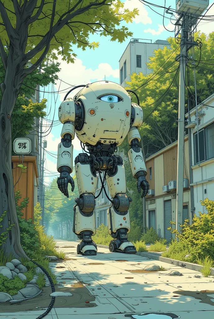 An image of a robot patrolling in a leafy back alley。The time is noon。 It's sunny 。 puddle。The robot is facing the front。The robot is extremely small 。There is no neck 。the face is integrated with the torso。I have legs and hands on my torso。has 2 legs。 Has...