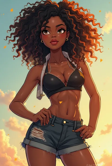  A young woman with radiant black skin , with an athletic and slender physique, highlighting her agility and strength. with 1,55m high, she compensates for her stature with a striking presence full of attitude. Your hair is a voluminous black power curly l...