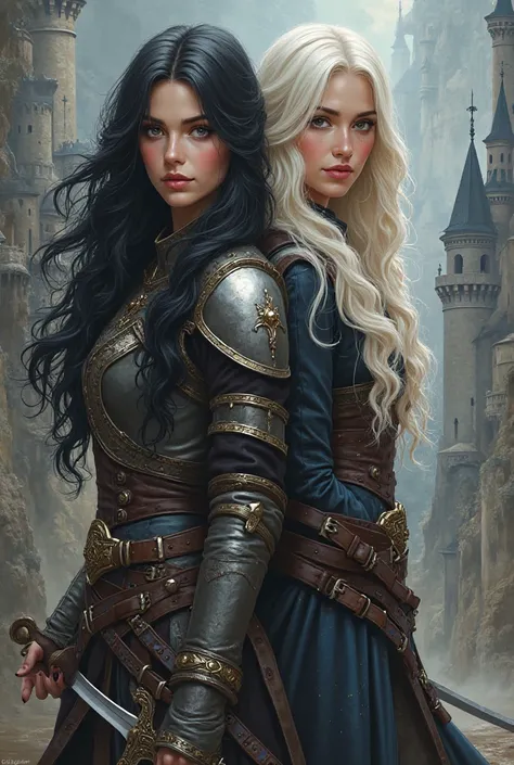 Create the cover of an entire fantasy book front and back, with twin female characters, one with black hair and the other with white hair wearing leather battle clothes, book name Astorian, put on a sword also make it more real, Place two different castles...