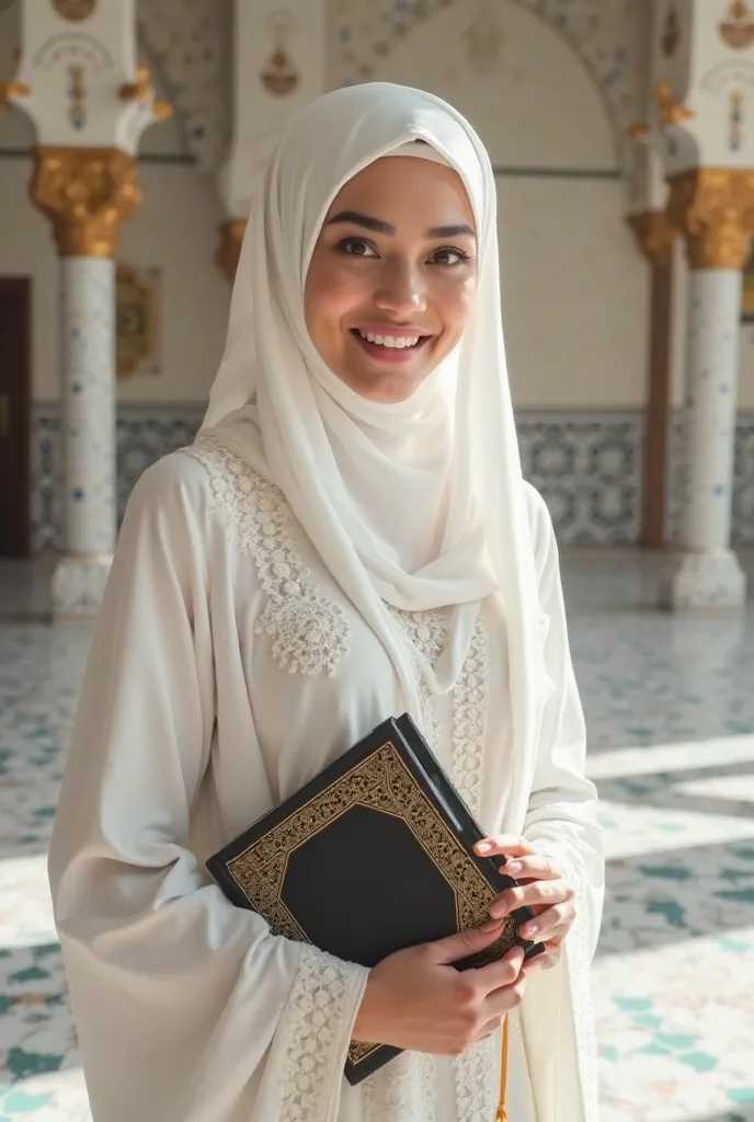 Young beautiful woman in white hijab wearing a white dress detail ornate dress with a thin smile looking at the camera, carrying holy book of quran against background inside magnificent mosque realistic full uhd, best quality best colors