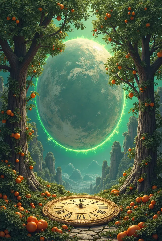 a field of large trees full of fruits on which the ground is a large golden clock with hands, In the background there is an image of the Earth surrounded by a bright emerald green ring.