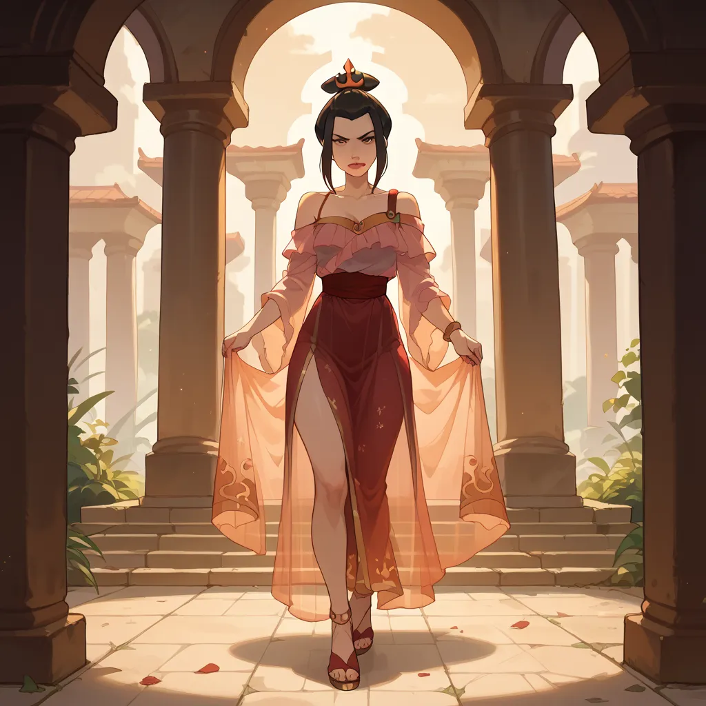 A full body display of 18-year-old,Princess Azula off the shoulder strap,long see-through skirt 