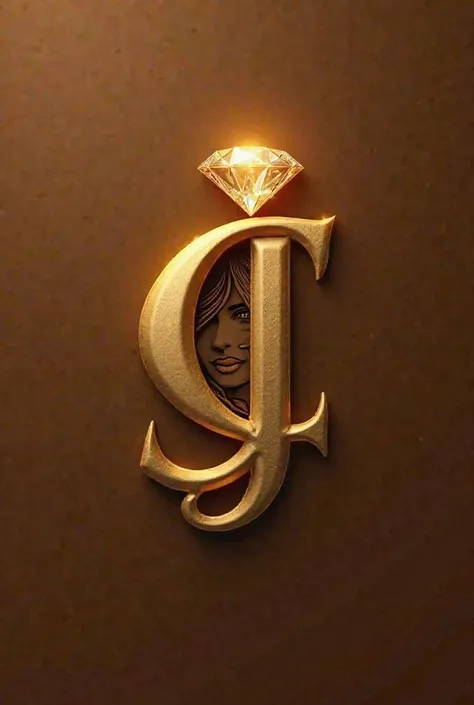 "Create a 3D logo design featuring a golden letter 'C' and 'J' intertwined in an elegant, stylized way. Inside the 'C,' incorporate a detailed 3D silhouette of a woman's face with flowing hair, giving it depth and dimension. At the top of the 'J,' place a ...