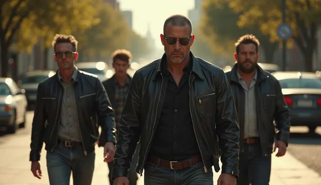 Ultra-realistic cinematic digital art, a group of tough American men walking on a street in the USA, the main character is large, sharp, and detailed, wearing a black leather jacket, looking serious and intense. The background is a sunny urban street with ...