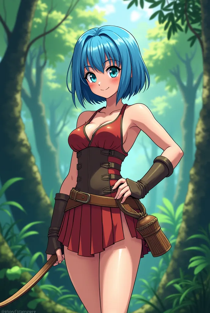 Anime girl, Bulma from Dragon Ball, masterpiece, high quality, high resolution, photorealistic, high resolution, RAW photo, (Amazon warrior outfit standing in the middle of the jungle), ((a young, young woman in the middle of the jungle, with blue hair is ...