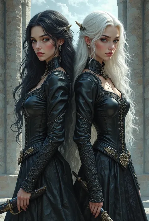 Create the cover of an entire fantasy book front and back, with twin female characters, one with black hair and the other with white hair, With black leather clothes, book name Astorian, put on a sword also make it more real, place two different castles ma...