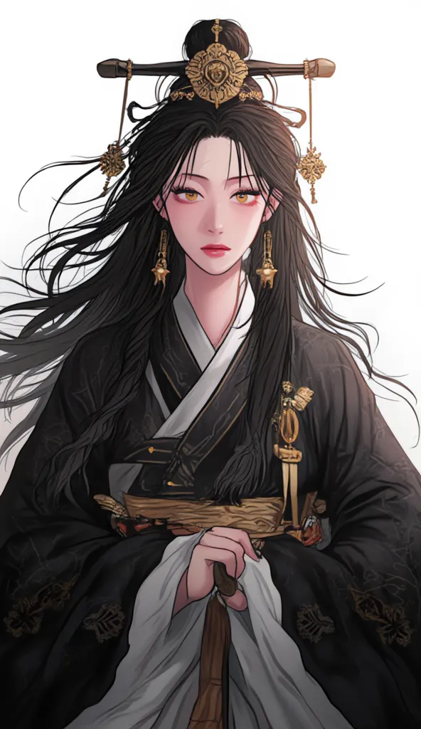 1 woman,  elegant, ink,armor, ((2.5D)), black hair,  floating hair , delicate eyes, Hanfu in antique black damask with gold details, Field of view, (F1.8), (Masterpiece), (portrait photo), toma frontal, white background, ( Movie Poster)