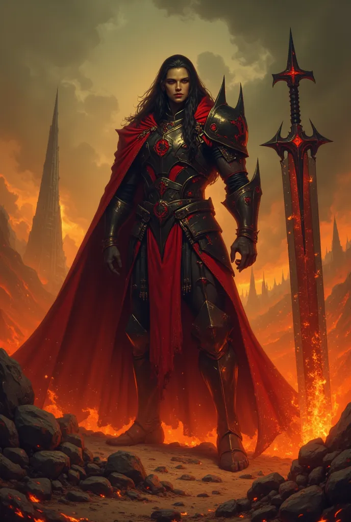 man with dark skin, long black hair, red eyes, wearing black armor, with a black cloak torn inside red, holding a large flaming sword,Hell kinigt,in hell, RPG, dark fantasy