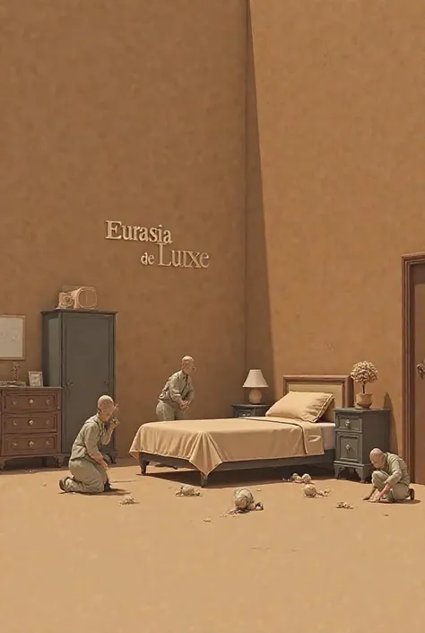 Little men the size of toy soldiers are putting things in order in a hotel room, brown colors in it and it says Eurasia de luxe. Minimalist room. Little men make smaller furniture bigger