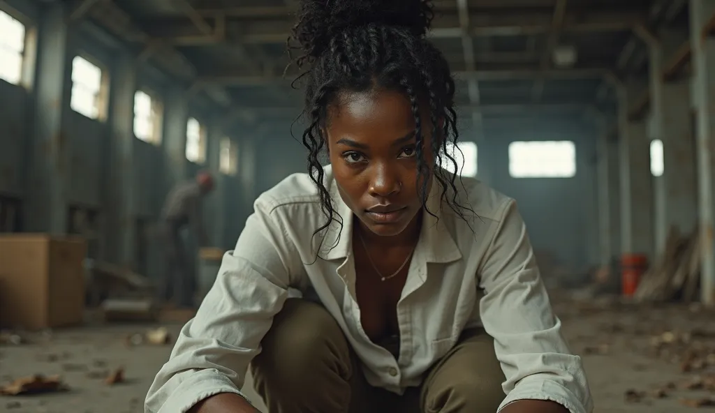 Ultra-realistic cinematic digital art, a strong and determined African-American woman crouching in an abandoned warehouse. She has intense eyes and a fierce expression, wearing a white button-up shirt with sleeves rolled up and khaki pants. Her dark curly ...