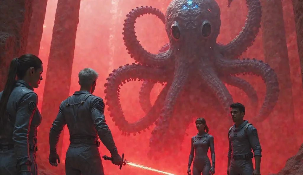 Medium shot of a calm man (6'1", short silver hair, deep-set eyes, gray spacesuit, burned arm) holding a glowing red dagger (1 ft long), facing a towering octopus- like monster (500 ft tall, slimy body with short whip-like tentacles, glowing blue biolumine...