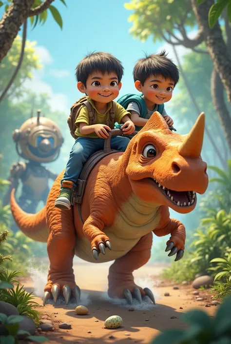 : Babloo and Dino ride a Triceratops, sneak past the robot, and save the stolen eggs. The jungle and park are filled with vibrant colors and action.

Action: Fast-paced and fun, with lots of teamwork and clever tricks.

Mood: Thrilling and action-packed.