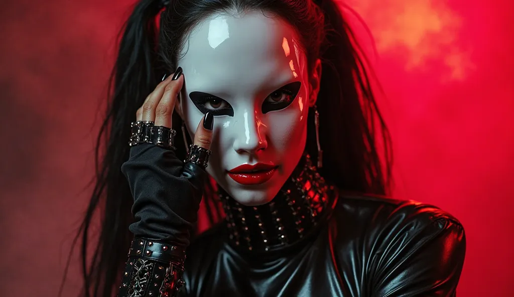 Very thin woman in shiny black latex, black latex over the knee boots with laces and steel studs, and a form-fitting shiny black latex hood. To her face, a very scary white mask, a white plastic mask with wide straps and steel buckles is attached to her fa...