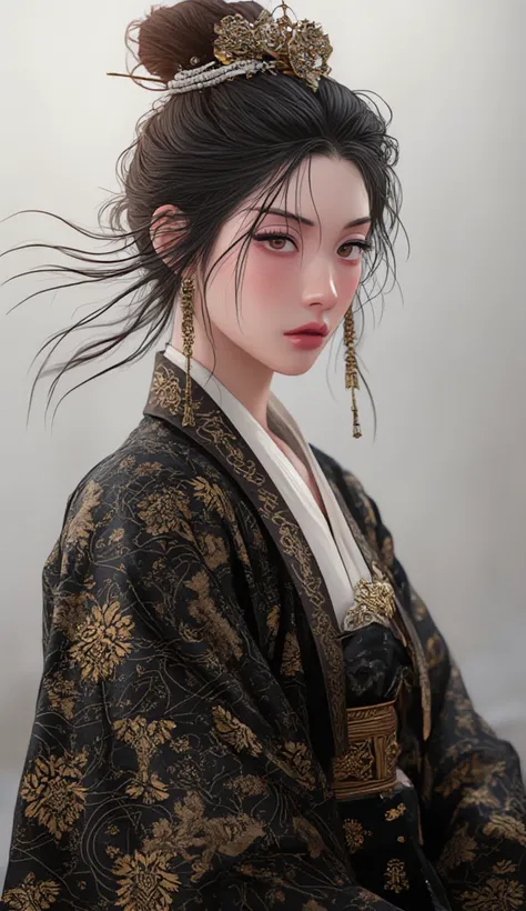  a woman,  elegant, ink,armor, ((2.5D)), black hair,   floating hair  , delicate eyes, Hanfu in antique black damask with gold details, Field of view, (F1.8), (Masterpiece), ( photographic portrait), toma frontal , white background, (  Movie Poster)