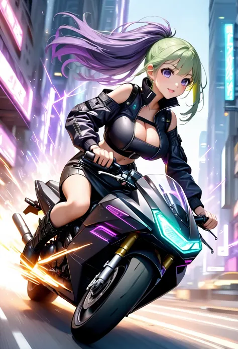 Prompt:girl,ponytail,standing,((cargo style,fake leather webbing decoration open shoulder high collar cropped zip-up jacket,outer wear:1.5)),((black cargo pencil skirt:1.5)),((punk boots:1.5)),((riding a highly detailed cyberpunk motorcycle:1.5)),((A (spee...