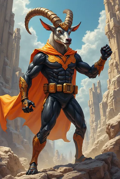 Some cartoons of a hero who is a goat in a black and orange uniform splitting a statue 