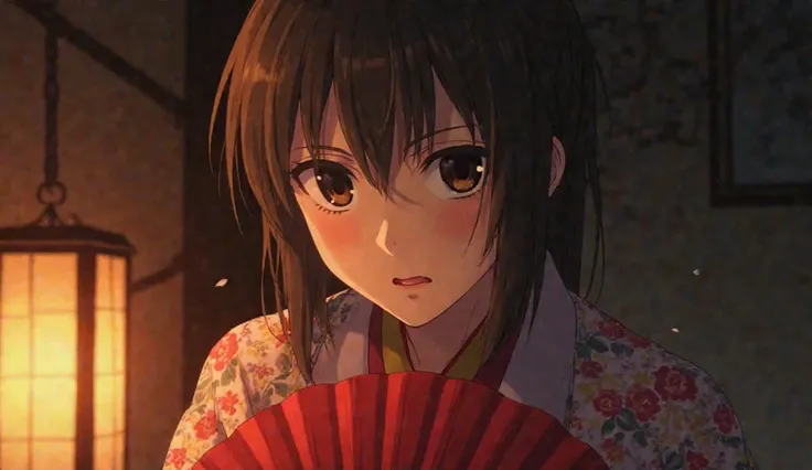 A close-up of Aiko lowering her fan, revealing a sharp yet serene face with red lips and piercing black eyes, her floral kimono glowing faintly under lantern light, Taro laughing mockingly with a sneer, Hiroshi tilting his head in surprise, Kazuo gazing in...