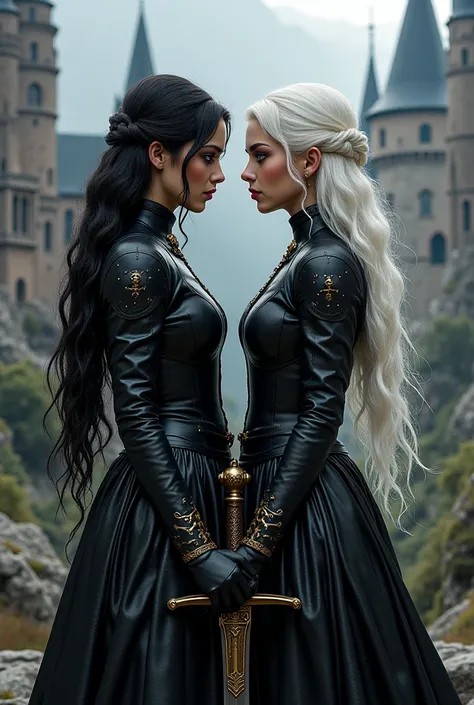 Create the cover of an entire fantasy book front and back, with twin female characters, one with black hair and the other with white hair, With black leather clothes, put on a sword also make it more real, place two different castles make a more realistic ...