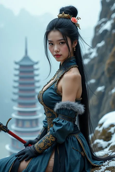 Close up,front view of the black mythical film character Wukong, a beautiful young woman and knight, ideal body, ideal big breast, long elegant black hair bun, with beautiful flower decoration, wearing sexy and elegant slim fit colossal and epic Chinese ba...