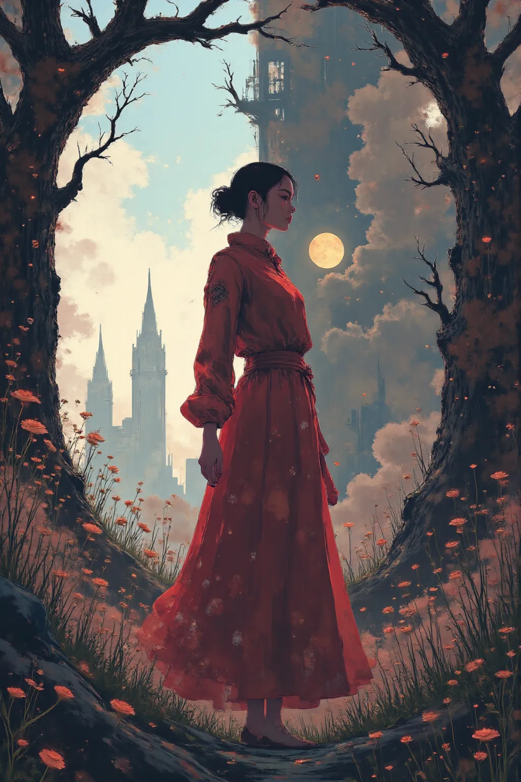 Lady Rohanne Webber (the Red Widow):  a young woman, of delicate features, with intense red hair, wearing a long red dress, rich in details and golden adornments. The setting is Webber Castle, with its high walls and the noble hall decorated with tapestrie...