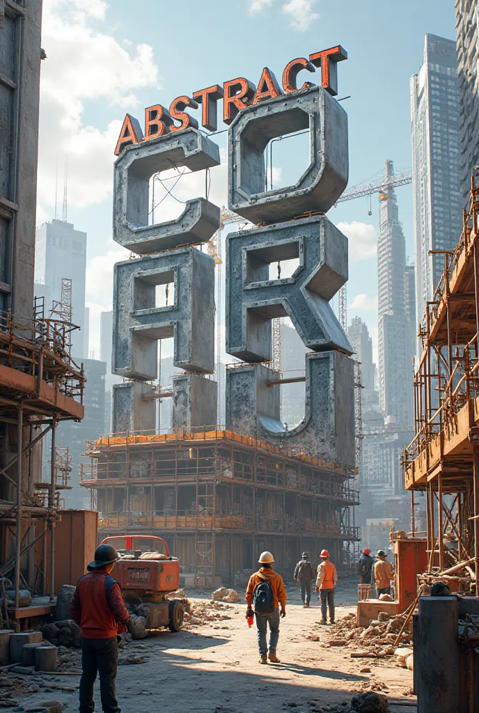 A construction building site, put an an LARGE metal bars that is spelled “ABSTRACT CO” outside the construction site. Small building