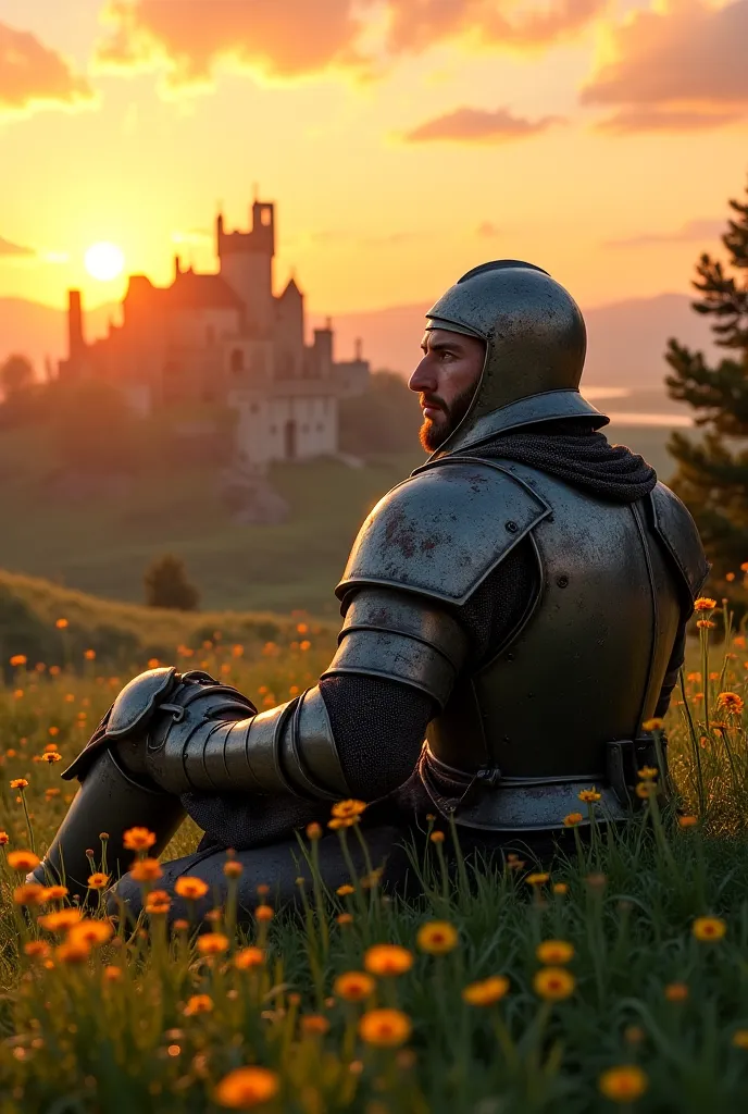 Generate an image of a knight with a wounded helmet from battle, reclining resting in a castle on the hill. There is a sunset in the background and the grass is green with yellow flowers 