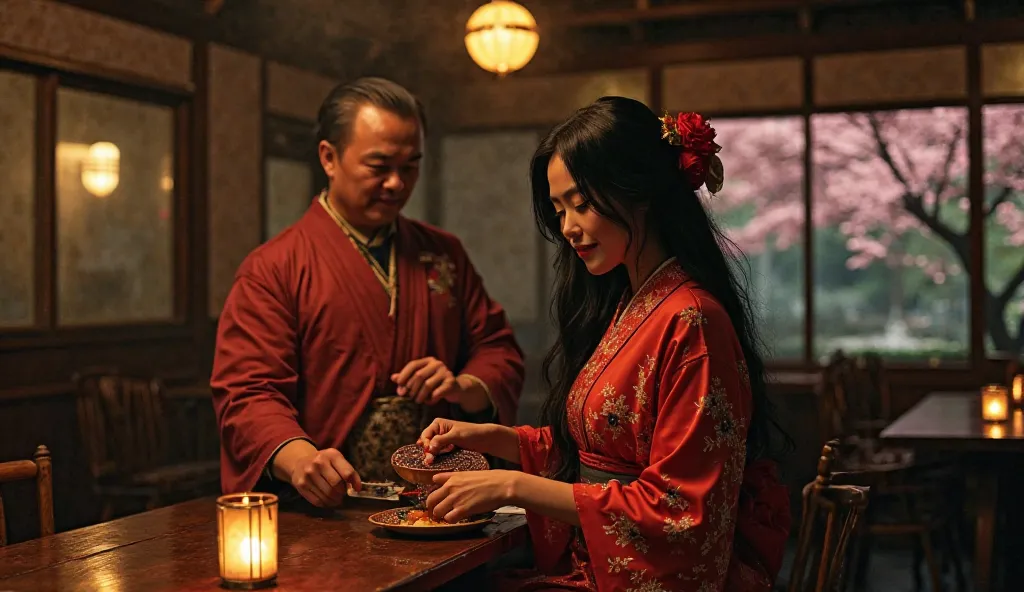 A smoky restaurant by the Kamo River in Gion, Yuki in a striking red kimono with crane embroidery, her long black hair cascading down, pouring sake for Takeshi, a gruff yakuza with a smug grin, her smile sweet but eyes cold, a hidden dagger in her fan, lan...