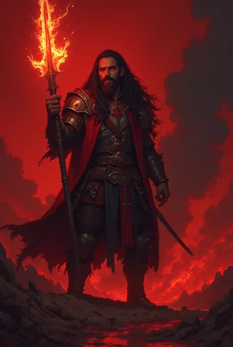 man with dark skin, long black hair, black beard, red eyes, wearing black armor, with a black cloak torn with a red inside, holding a large flaming sword, in hell, RPG, dark fantasy