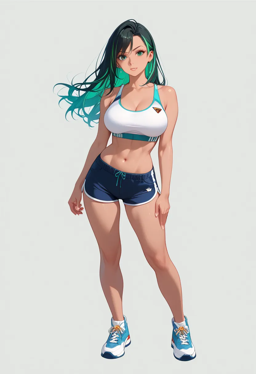 Top quality, full body, standing, from front,looking at viewer, simple background. pretty girl、Superman,Green colored hair、 long hair、 all back、 sports bra 、 Shorts、,large breasts, perfect body,Wear an aura、 midriff peek,bare arms,