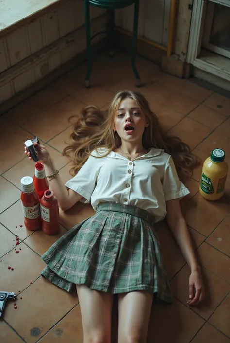 Generate HD image photograph of an 18 year old girl, long light brown hair and ponytail, Russian, dead (bleeding gunshot wound to the forehead), A player, Lying on the floor of a coffee shop, with several bottles of ketchup and mayonnaise around it, mouth ...