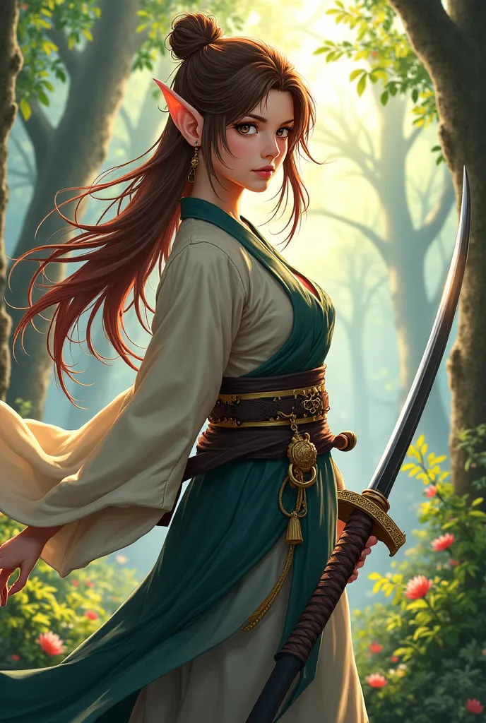 Create a samurai elf girl with brown hair and anime