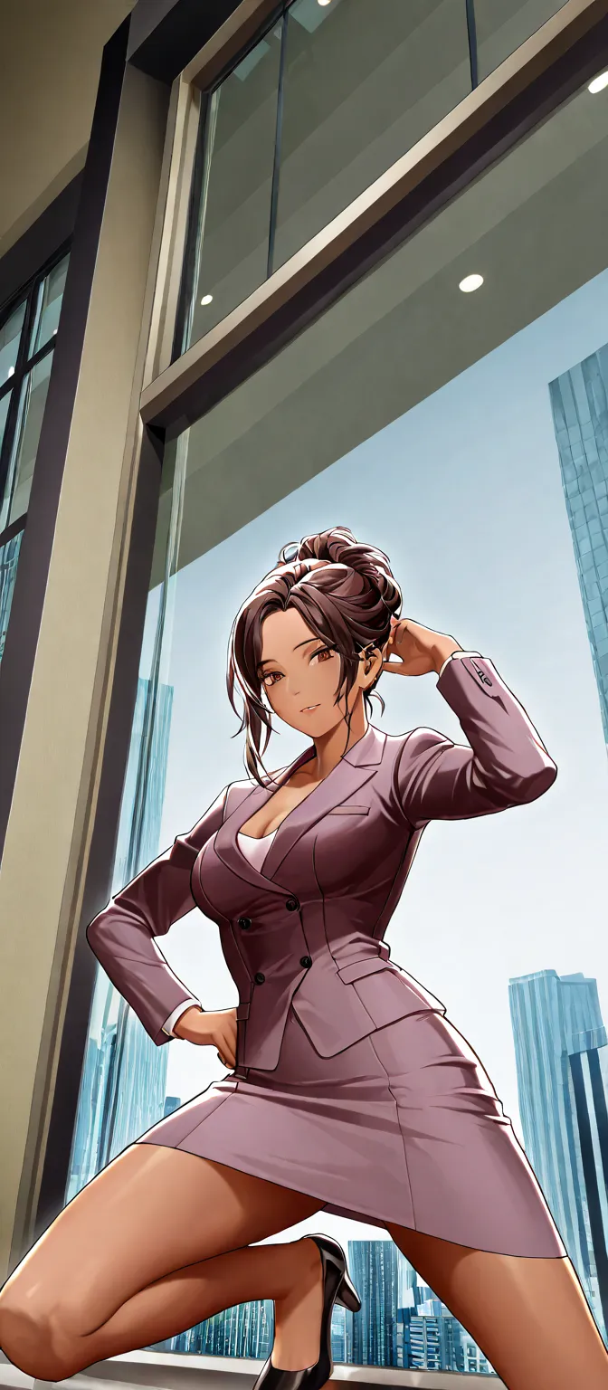 Thin dark brown skinned female in a skirt suit