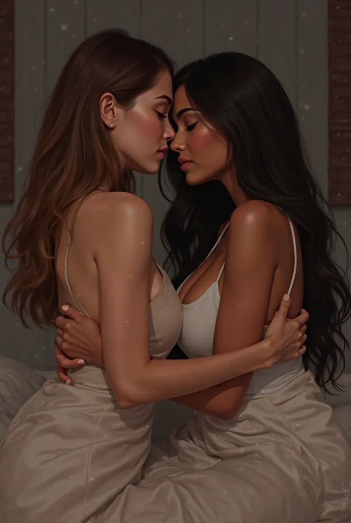 Couple of two women hugging in bed . One with brown hair and the other with straight black hair. One Brazilian and the other Indian .

