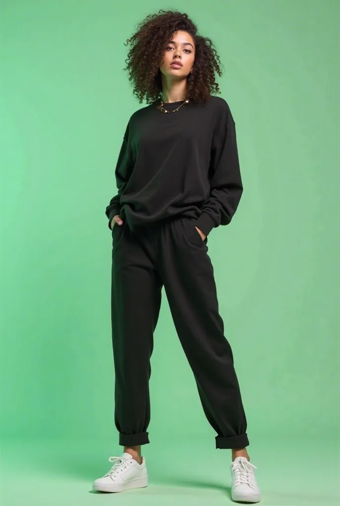 Brunette character with curly hair cut in low fad wearing a black long-sleeved shirt, black pants and white sneakers with an all-light green background. 