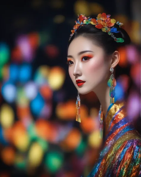 Impressionism, beautiful Chinese girl, colorful rainbow-colored Han Fu paper snowdrops, (At the Circus: 0.3),  dark, fragmented background, (masterpiece, Highest quality), 8K HD, (film grain: 1.2), (FUJIFILM XT3: 1.2), very detailed, close-up,  pop art