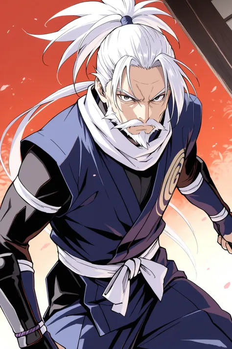 ((masterpiece)), hyperdetail, score_9, score_8_up, score_7_up, looking at viewer, male focus, old man, 80yearsold, white hair, ponytail, long hair, shinobi, ninja, white beard, japanese, shinobi, ninja outfit, serious, 