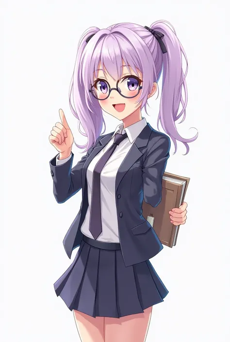 A full-body anime-style illustration of a young, lilac-haired intellectual female student with a cheerful and approving expression. She wears stylish glasses and has bright, expressive eyes full of confidence and enthusiasm. Her lilac hair is neatly styled...