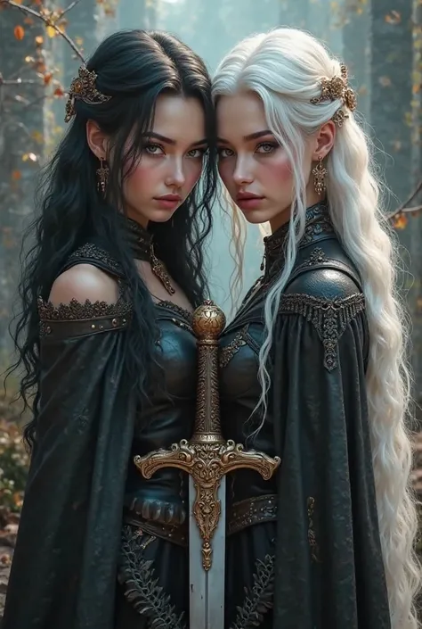  Create a fantasy book cover, with twin female characters, one with black hair and the other with white hair, With black leather clothes, put on a sword also make it more real, Place two different castles make a more realistic image with your face close