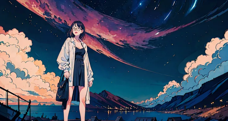 Top quality, high quality, beautiful illustration of a beautiful woman in her 20s wearing revealing clothes and glasses standing coolly against a background of stars in the beautiful night sky and a distant urban nightscape. Shooting stars and the Milky Wa...