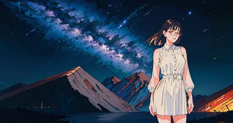 Top quality, high quality, beautiful illustration of a beautiful woman in her 20s wearing revealing clothes and glasses standing coolly against a background of stars in the beautiful night sky and a distant urban nightscape. Shooting stars and the Milky Wa...