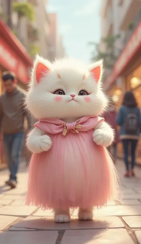 A fluffy white cat wearing a light 
Pink  gown, having pregnant belly is doing shopping in a shopping mall