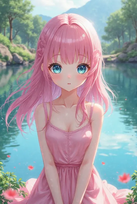 Anime girl. Cute. Pink hair. Blue eyes. Pink clothes. Adult. Lake scenario.