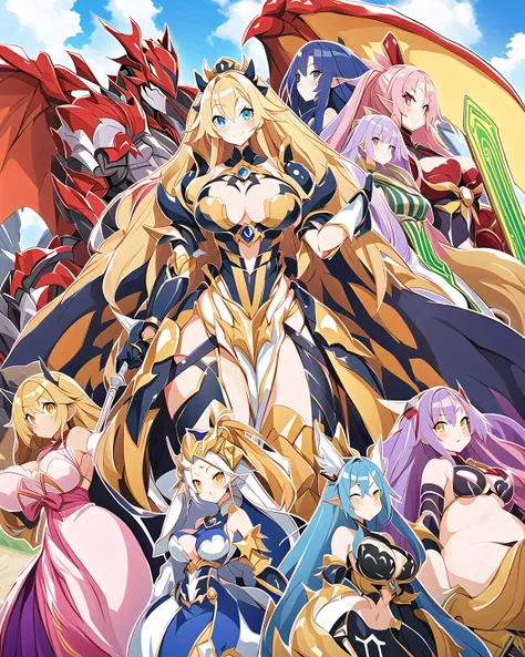 Score_9, score_8_up, score_7_up, score_6_up, source_Anime, high detailed, 3 monster girls, plus-sized, Large breasts, curvy body, paladin armor, giddy, long skirt, holding sword, posing together, smile, High detailed armor, beautiful, long hair, different ...