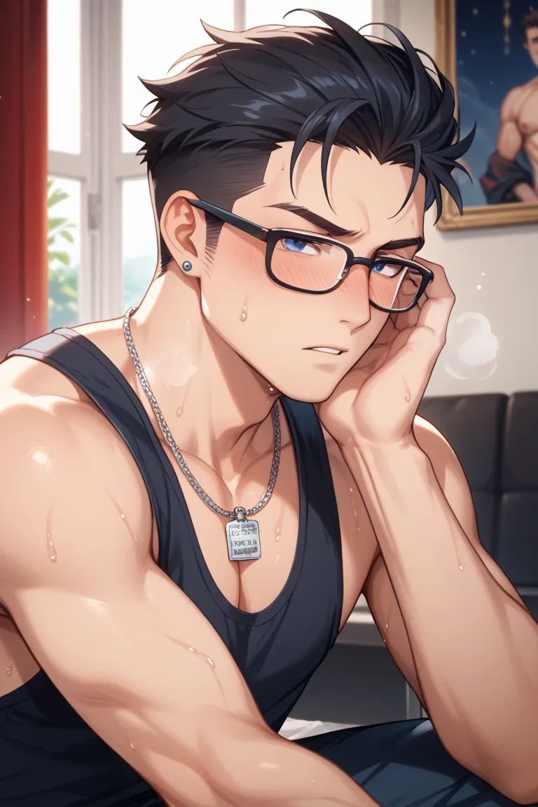 1 man、 black hair、room、blush、instinct、beautiful、adult、handsome、like、older brother、mad、sweat、Heavy breathing、Glasses、room、masterpiece、Highest quality、 uncensored