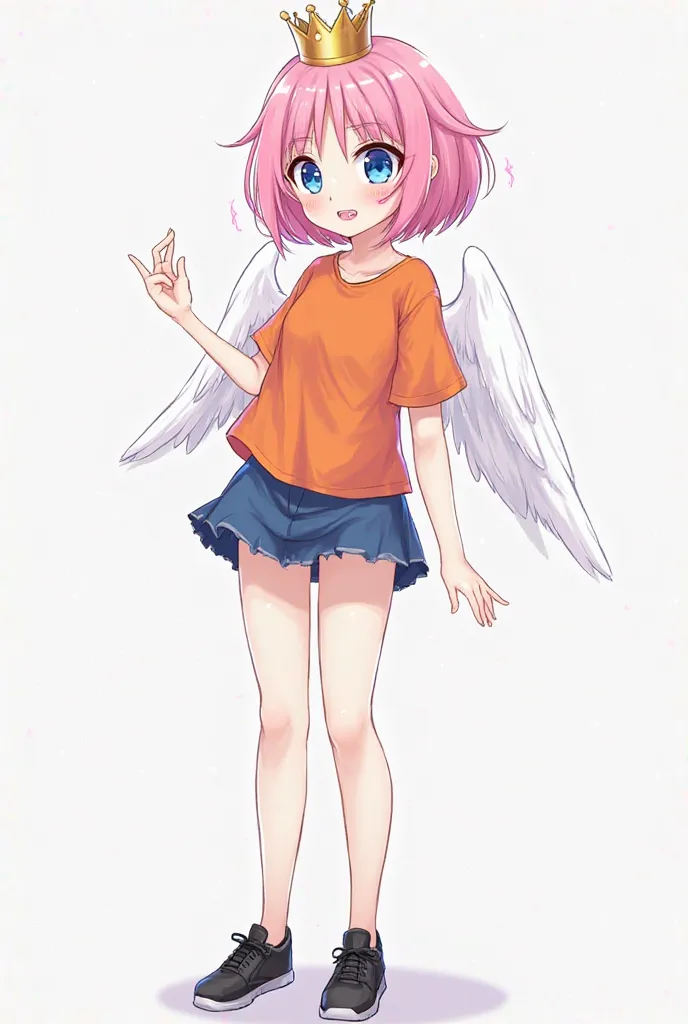 pink hair, short orange shirt and short skirt is blue, Sneakers are black, The cheek had a pink diamond, Pretty emo mode and cute anime, gamer mode , the wings are white and small, The head wore a queen's crown, The eyes are blue. 