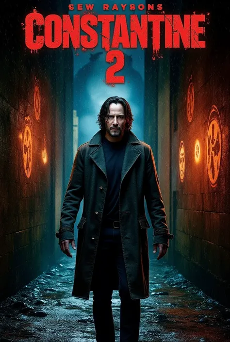 Create a movie poster for "Constantine 2" in 4K resolution. Feature Keanu Reeves as John Constantine, in a realistic, weathered trench coat, standing in a dark, rain-soaked alley with glowing sigils etched into the walls, a demonic shadow looming behind hi...